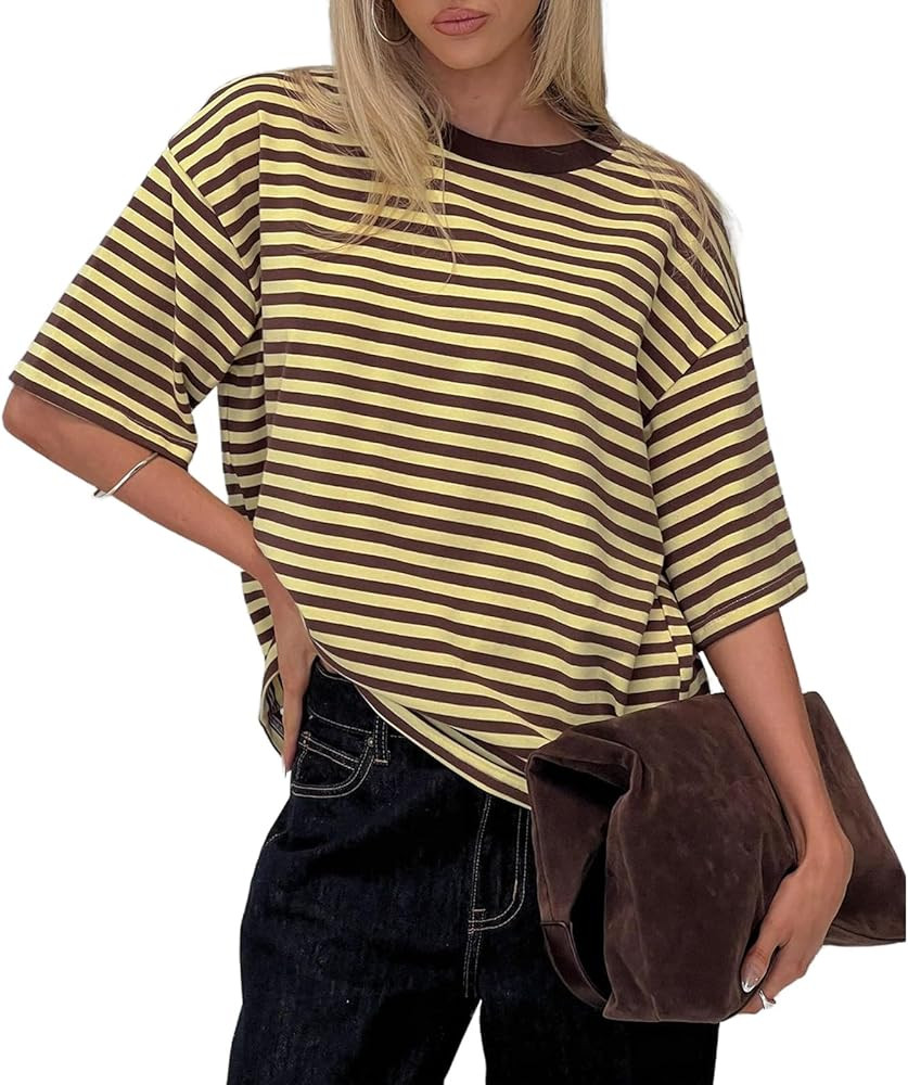 Women Y2k Striped Oversized Tshirts Short Sleeve Crewneck Tee Color Block Vintage Crop Tops Loose... | Amazon (US)