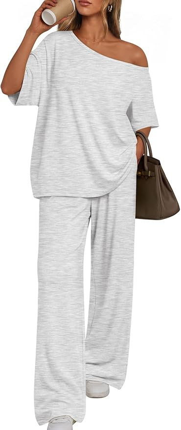 Trendy Queen Womens 2 Piece Lounge Sets Airport Travel Casual Outfits Off Shoulder Oversized Tshi... | Amazon (US)