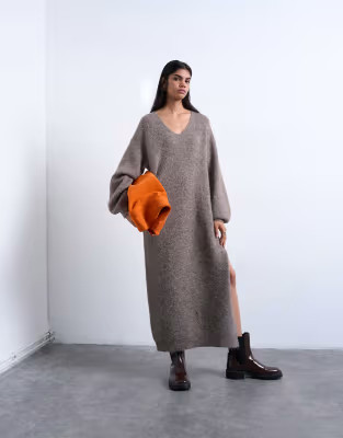 Topshop knit V-neck slouchy midi dress in chocolate | ASOS | ASOS (Global)