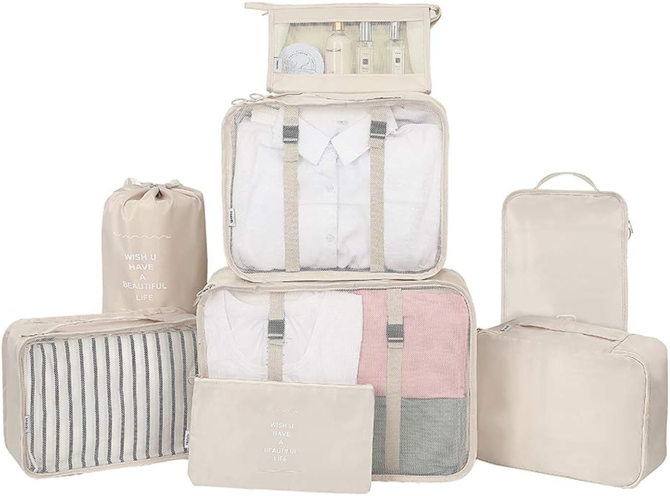 Belsmi 8 Set Packing Cubes with Shoe Bag - Compression Travel Luggage Organizer (Beige) | Amazon (US)