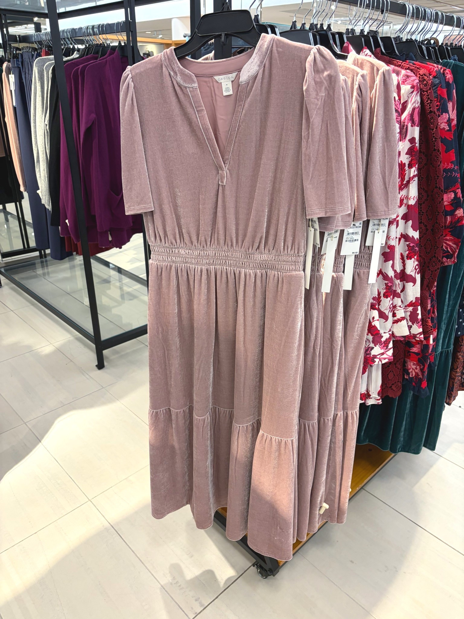 This pretty velour, short-sleeve midi dress has a smocked waist that makes it both stylish and comfortable!  It comes in three colors and just got marked down!  This dress is perfect for casual Winter events or a girls night out.

Nordstrom dresses | Caslon dress | mauve dress | dusty pink dress 

#LTKFindsUnder100 #LTKSaleAlert