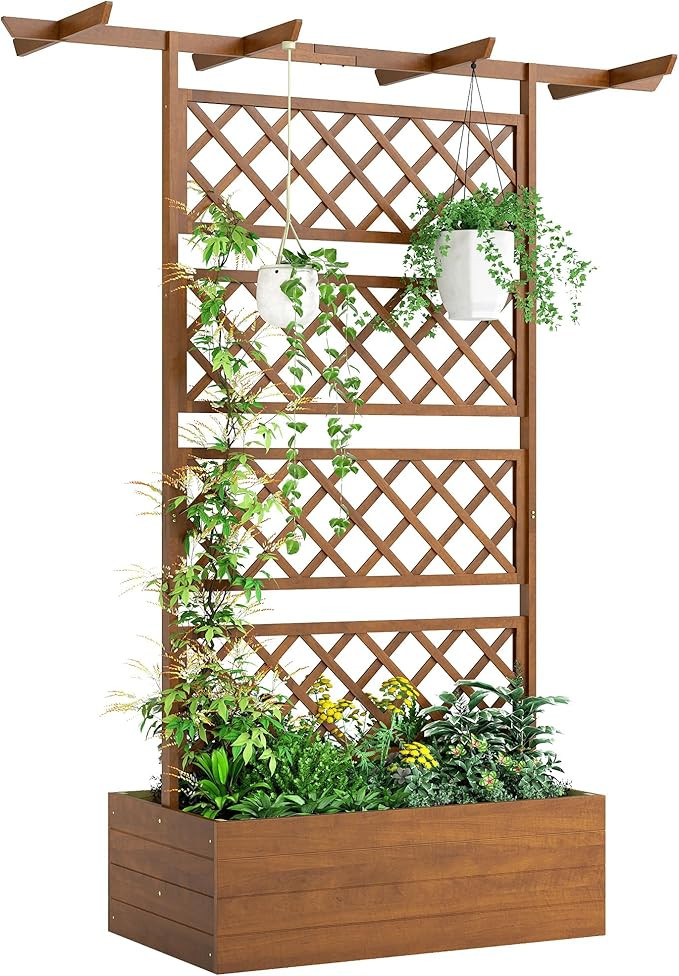 Outsunny Wood Planter Box with Trellis, Raised Garden Bed Privacy Screen Planter Box for Climbing... | Amazon (US)