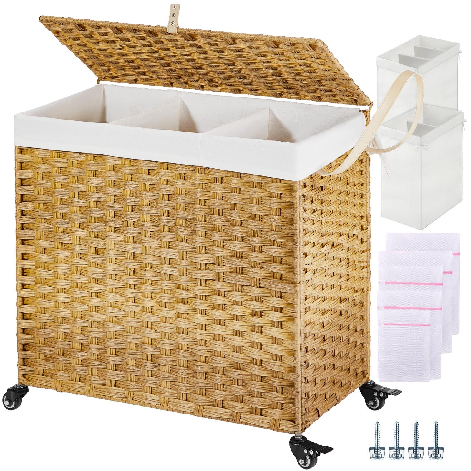 Greenstell Laundry Hamper with Wheels&Lid, 130L Large 3 Sections Clothes Hamper with 2 Types Remo... | Amazon (US)