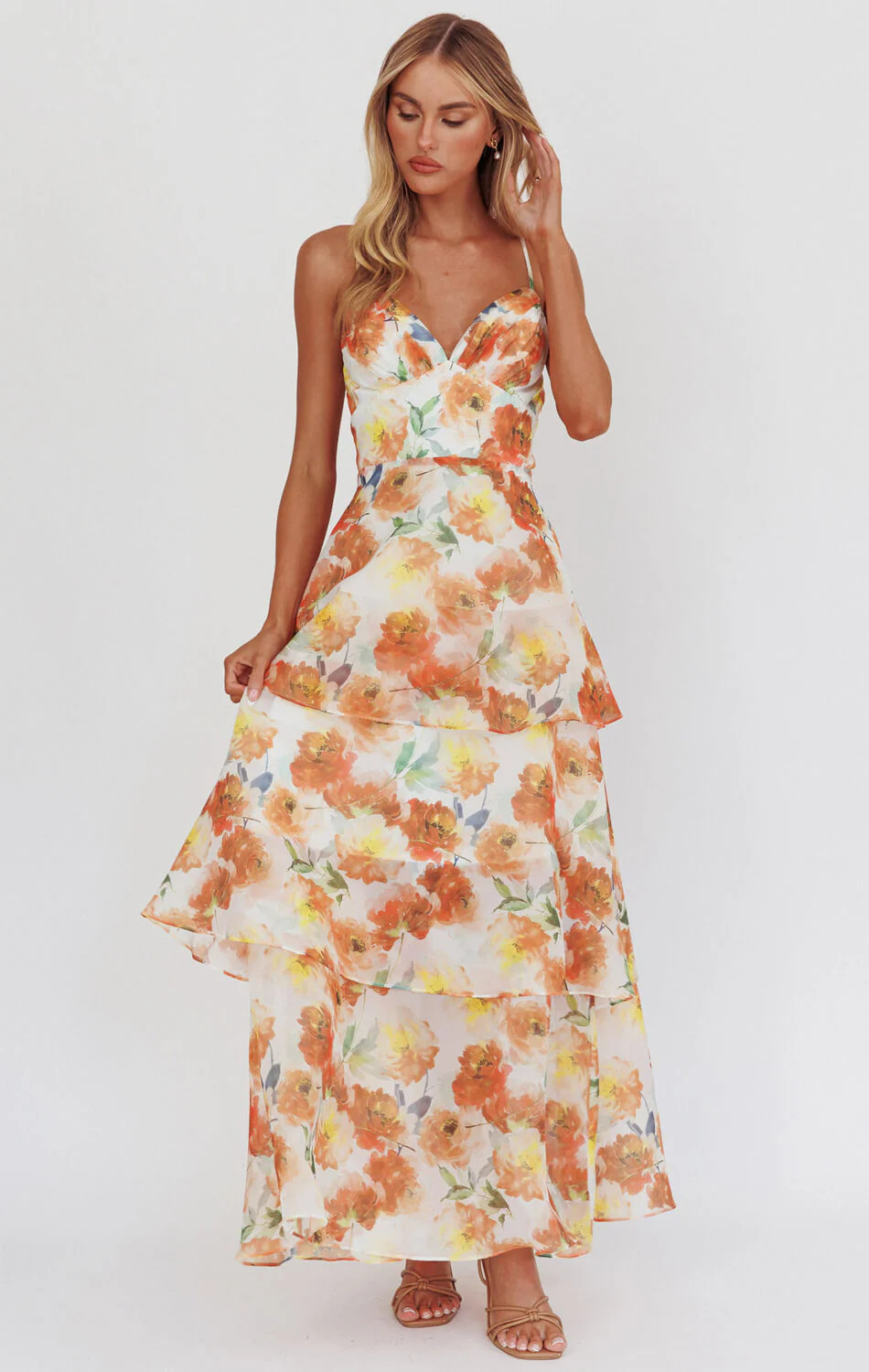 Makenna Maxi Dress - Orange - Floral Organza Tiered Dress | Lady Black Tie