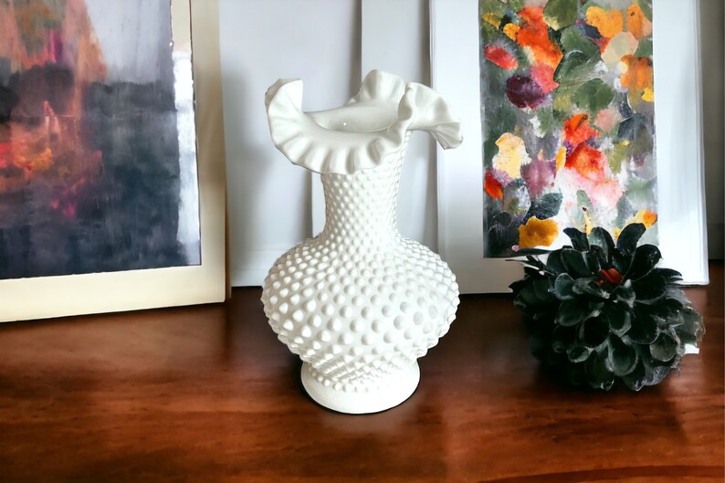 Vintage Fenton Hobnail Milk Glass Ruffled Vase - Etsy | Etsy (US)
