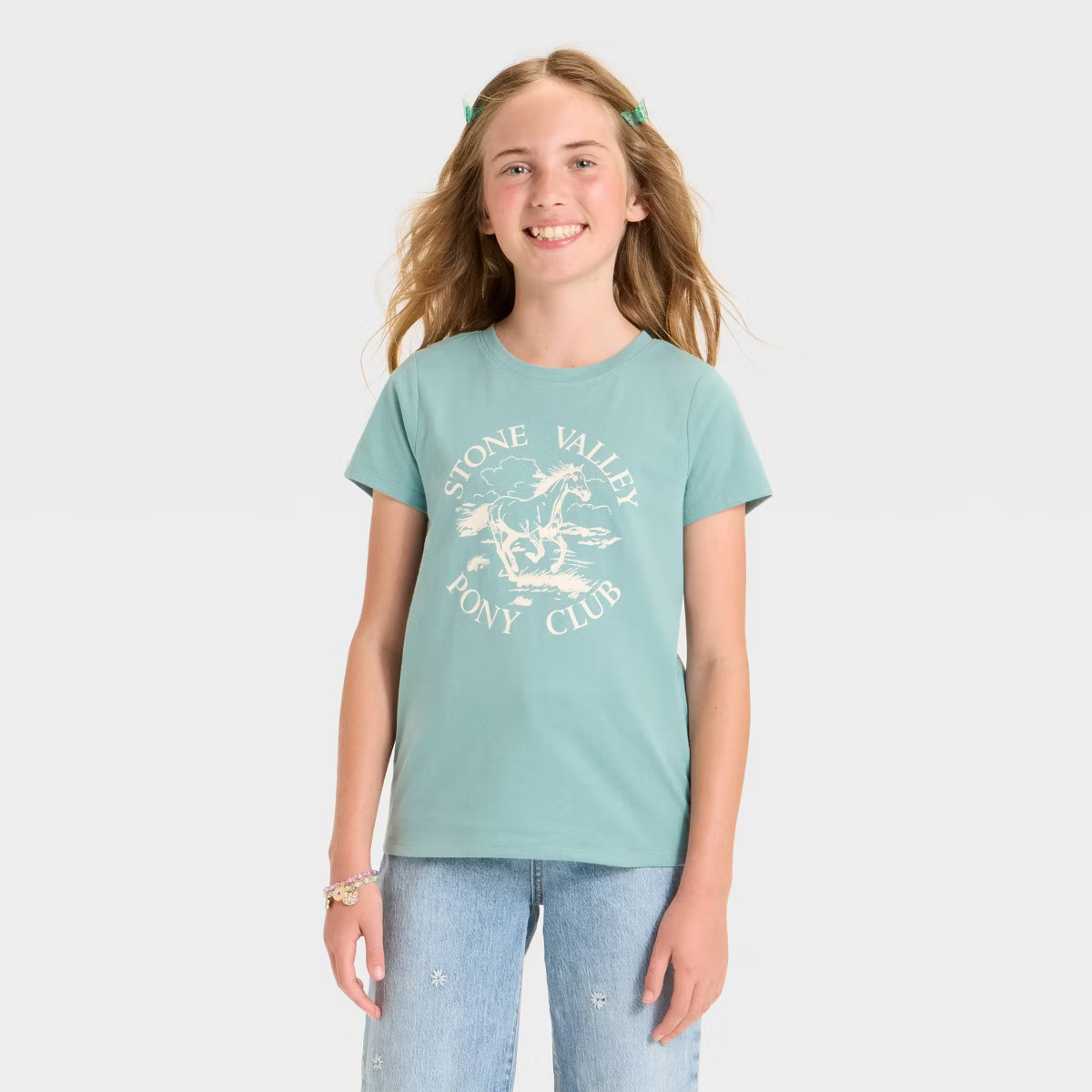 Girls' Short Sleeve Stone Valley Pony Club Graphic T-Shirt - Cat & Jack™ Ocean Green S | Target