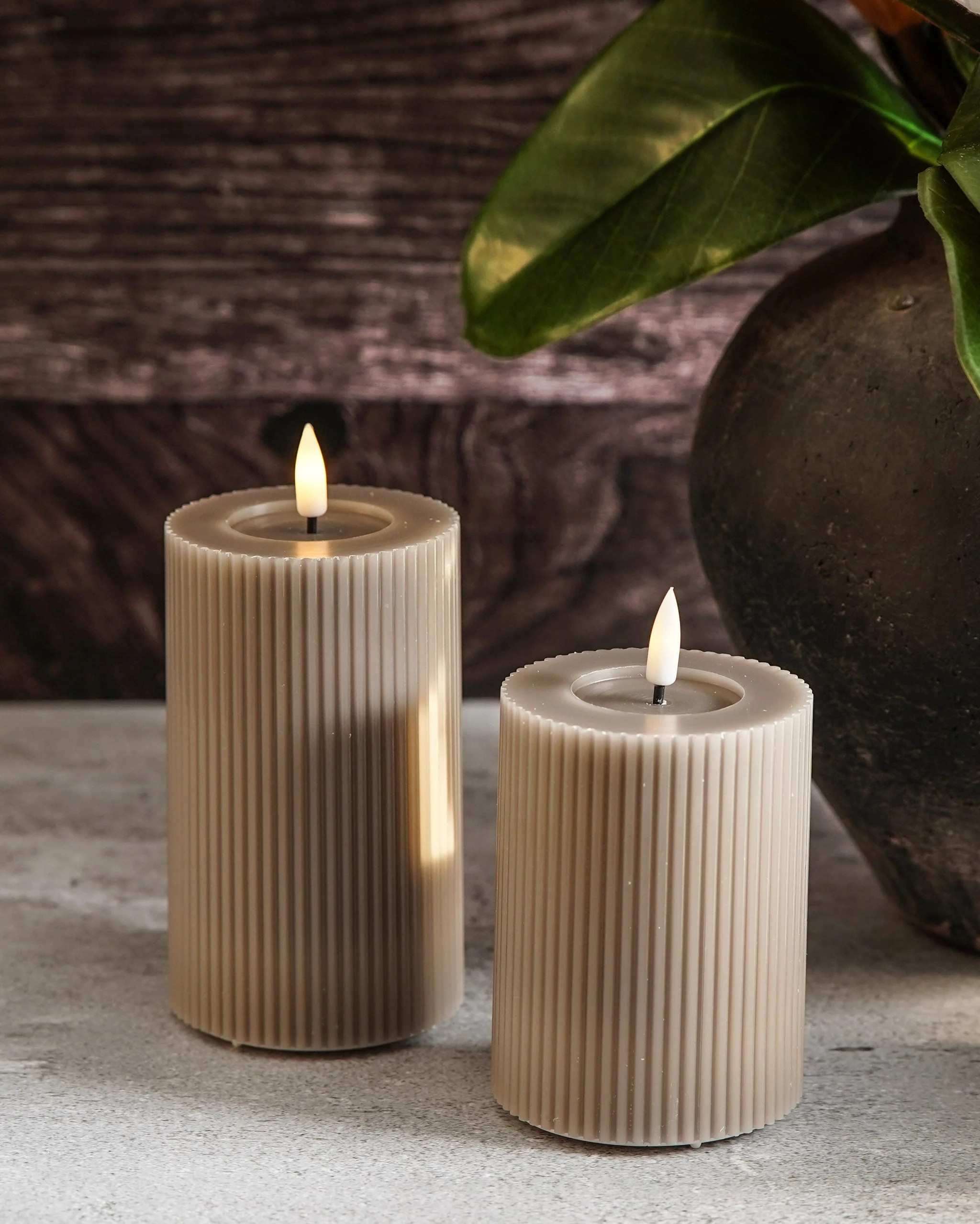 Ribbed Taupe Flameless Pillar | MJHome
