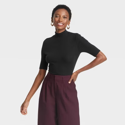 Women's Ribbed Short Sleeve Mock Turtleneck T-Shirt - A New Day™ Black M | Target