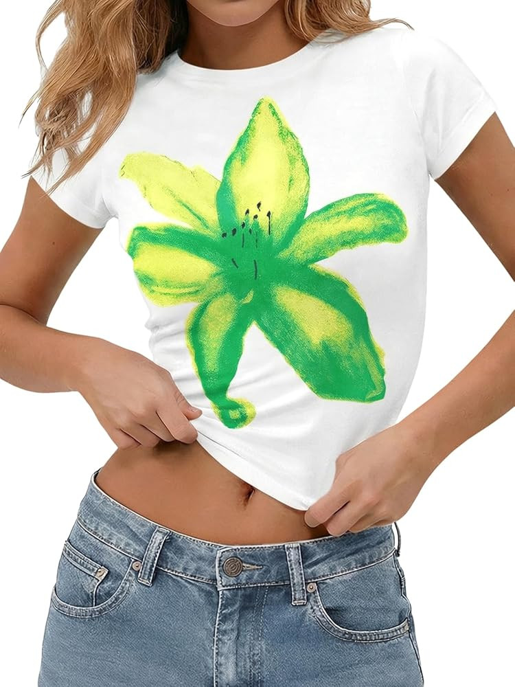 Tankaneo Womens Y2K Graphic Baby Tees Summer Floral Print Crop Tops Cotton Short Sleeve Slim Fit ... | Amazon (US)