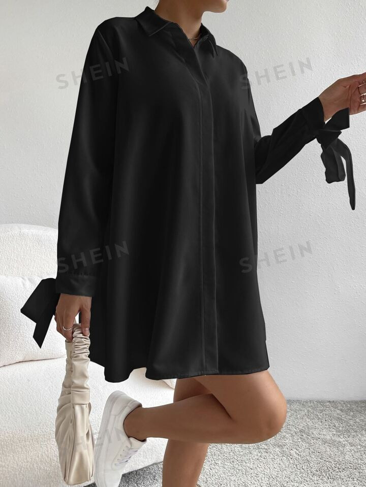 SHEIN EZwear Solid Knot Cuff Shirt Dress | SHEIN