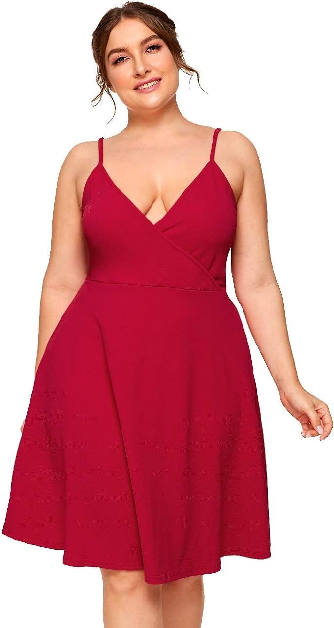 SheIn Women's Plus V Neck Spaghetti Straps Sleeveless Sexy Backless Cami Dress | Amazon (US)