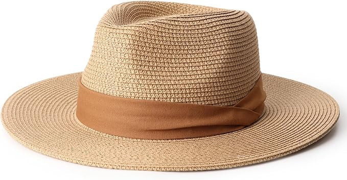 DRESHOW Women Straw Panama Hat Travel Fedora Beach Sun Hat Summer Wide Brim Straw Roll up Hat UPF... | Amazon (US)
