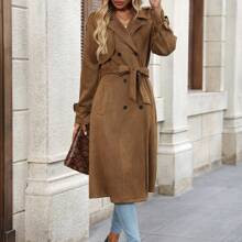 Womens Elegant Fashion Faux Suede Trench Coat In Brown Midi Length Suitable For Daily Commuting Windproof AutumnWinter | SHEIN