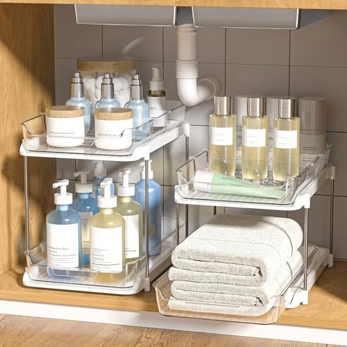 Delamu 2-Tier Multi-Purpose Bathroom Under Sink Organizers and Storage, Stackable Kitchen Pantry Organization, Pull Out Medicine Cabinet Organizer with Movable Dividers, White, 2 Pack | Amazon (US)