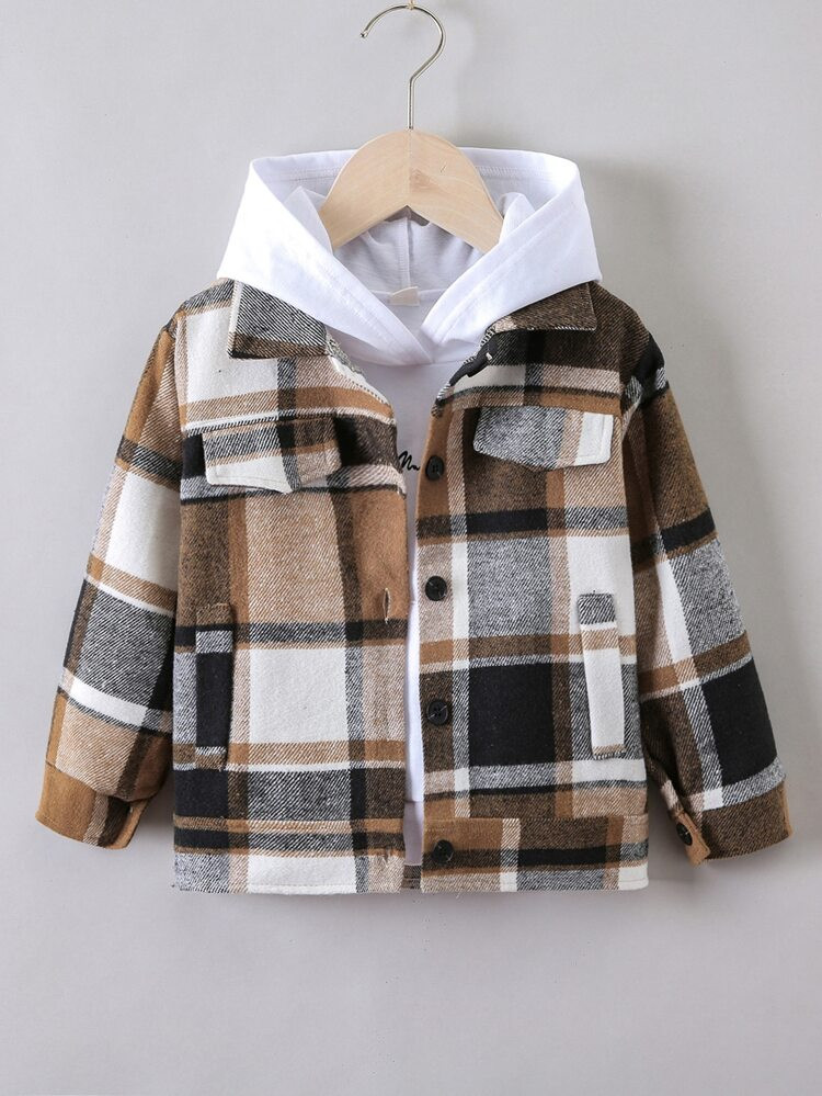 Toddler Boys Plaid Button Through Flap Detail Overcoat Without Hoodie | SHEIN