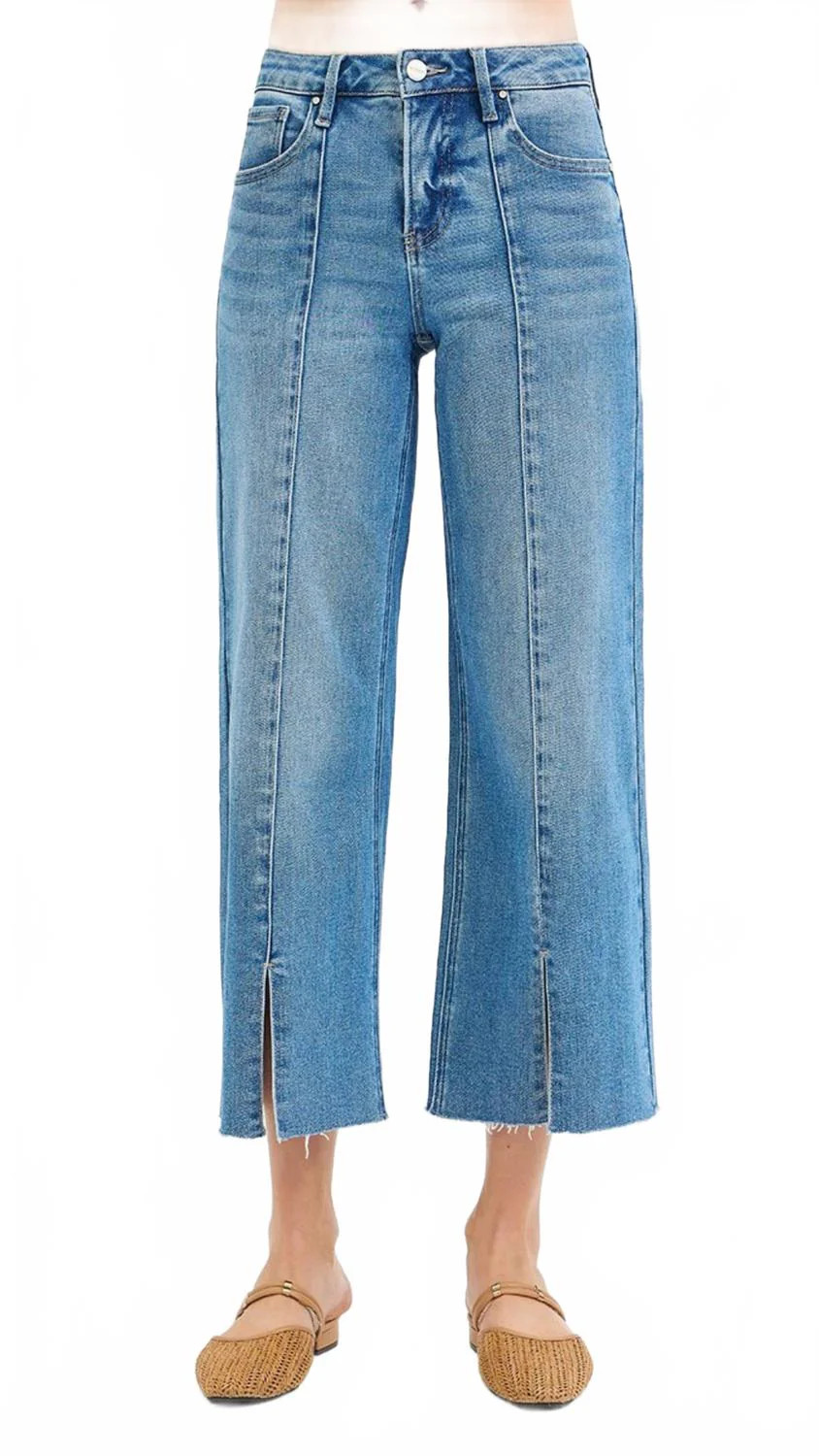 Mid Rise Tummy Control Crop Wide Front Slit Jeans In Medium Wash | Shop Simon