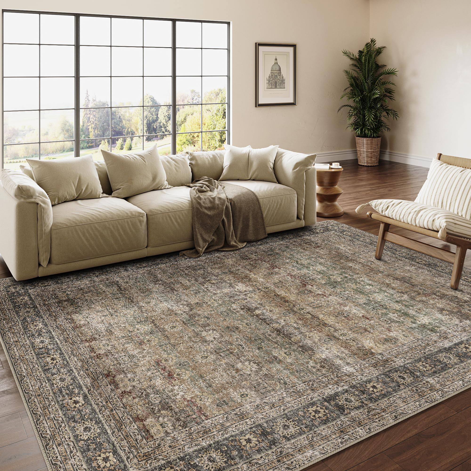 5x7 Machine Washable Rugs Brown Hallway Area Rug Indoor Accent Rug Floral Low Pile Soft Carpet Th... | Amazon (US)