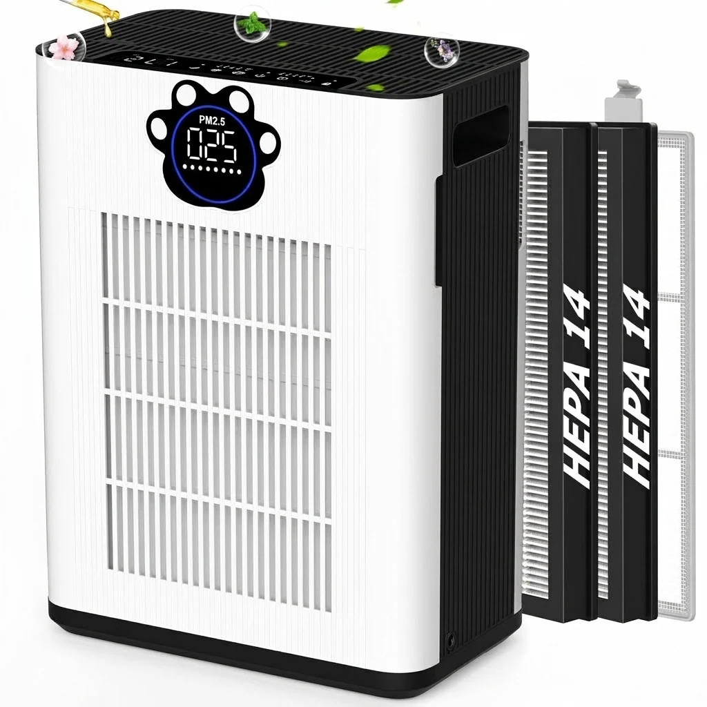 Anqtovp Air Purifier for Large Rooms 3400 sq ft 2 Pack H14 HEPA Filters Dual Air Intake PM2.5 TVOC Sensors Pet Mode Aromatherapy White | LAN0427U25 | Lowe's