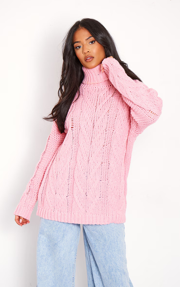 Tall Baby Pink Chunky Cable Knit Turtle Neck Sweater | PrettyLittleThing US