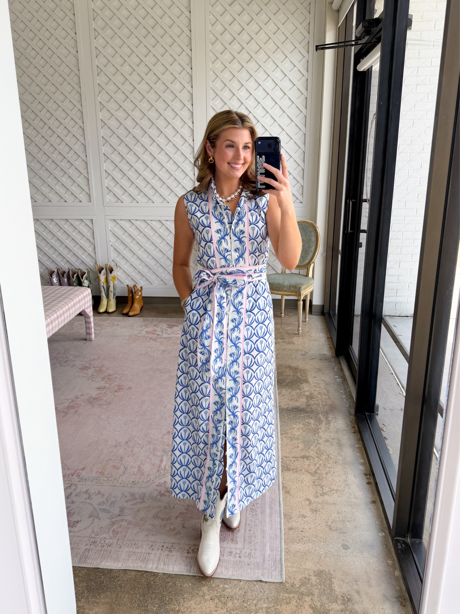 Spring outfit idea! Wearing an XS in dress. Boots are from Petite Paloma - can’t link in LTK 💗