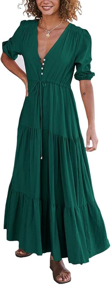 Women’s Buttons Ruffles Maxi Dress Wrap V Neck Half Sleeve Puff Sleeves Slit Summer Loose Floor... | Amazon (US)