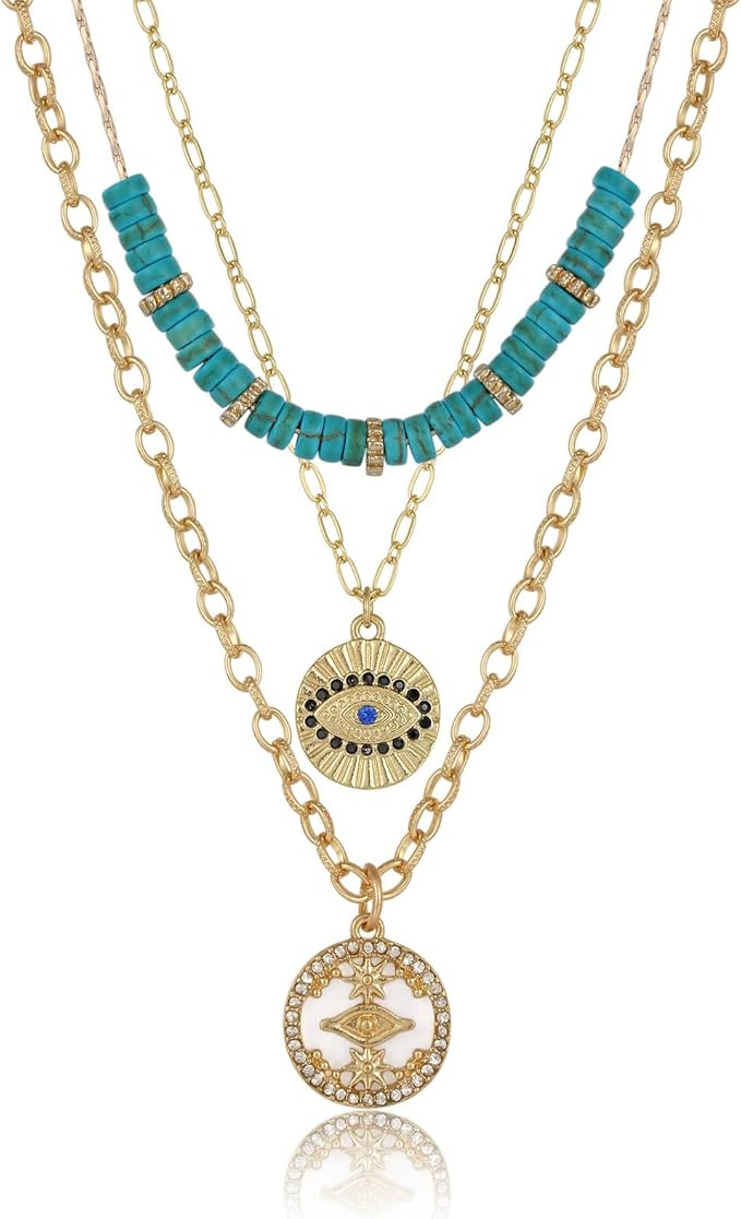 3PCS Evil Eye Gold Necklace set for Women,Necklace Turquoise Charm Shell Pendant Multi Layered Al... | Amazon (US)