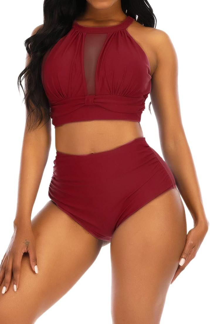 Adisputent Womens High Waisted Bikini Mesh Halter Top Sexy Plunge Backless High Neck Swimwear Two... | Amazon (US)
