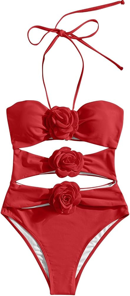 Women's One Piece Halter Top with Flower Decoration Bikini Sexy Bathing Swimsuits Ruched Bikini B... | Amazon (US)
