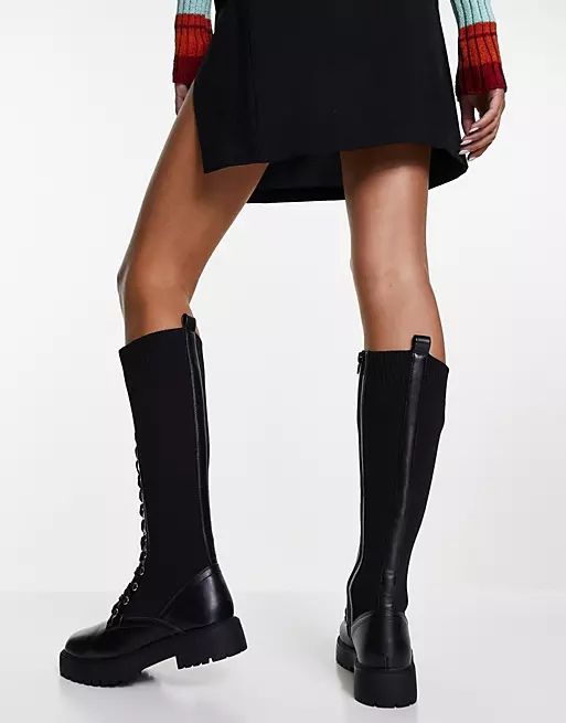 ASOS DESIGN Connect flat lace up knit boots in black | ASOS | ASOS (Global)