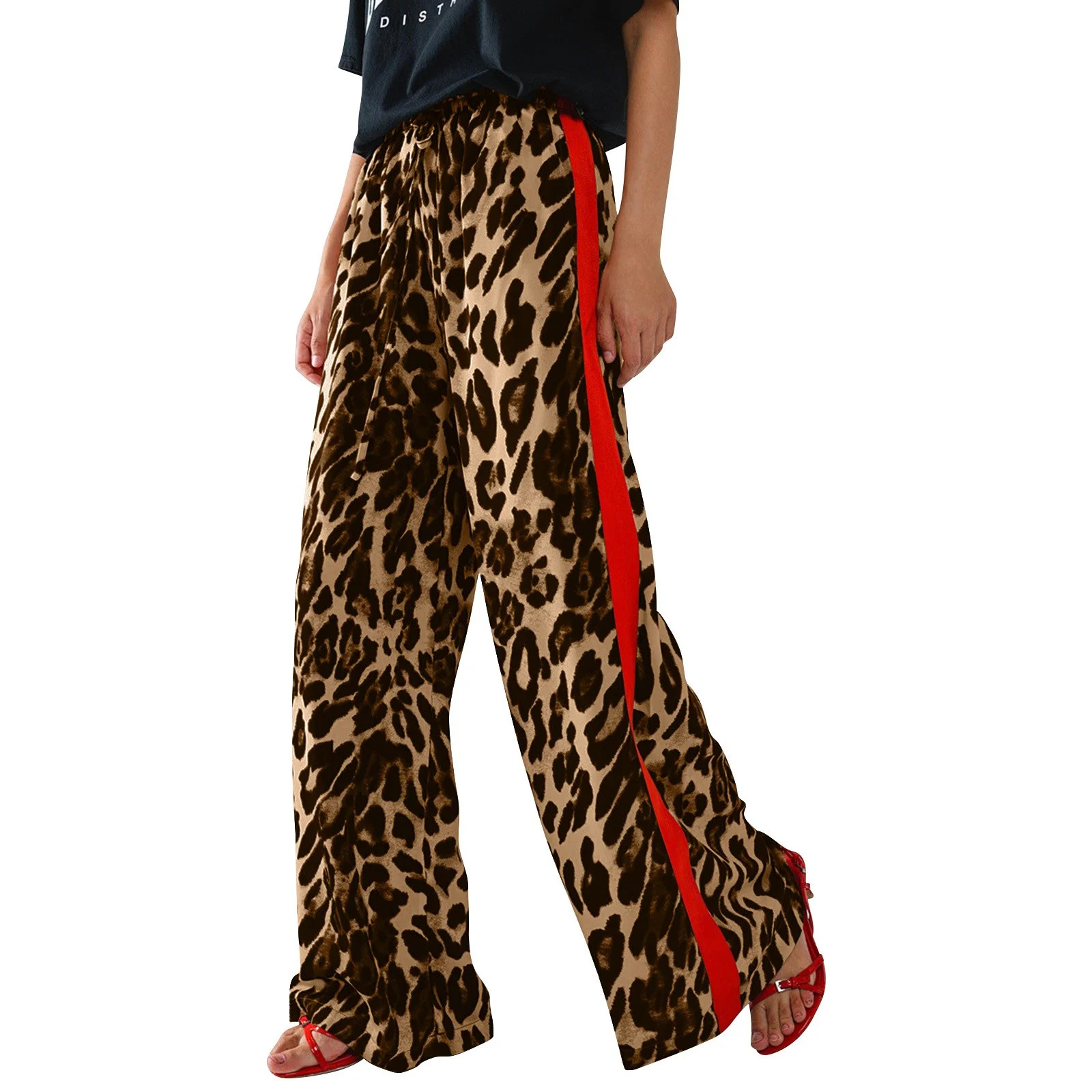 Brown Women's Casual Pants, Women's Leopard Print And Red Drawstring Wide Leg Pant, Brown Women's... | Walmart (US)