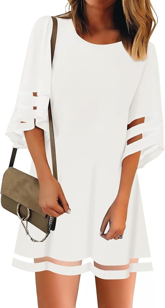 LookbookStore Women Casual Crewneck Mesh Panel 3/4 Bell Sleeve Loose Tunic Dress | Amazon (US)