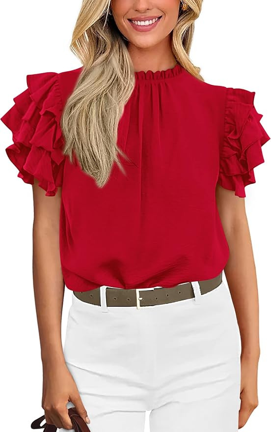 KIRUNDO Blouses for Women Dressy Casual Ruffle Shirts Tops | Lightweight Summer Short Sleeve Goin... | Amazon (US)
