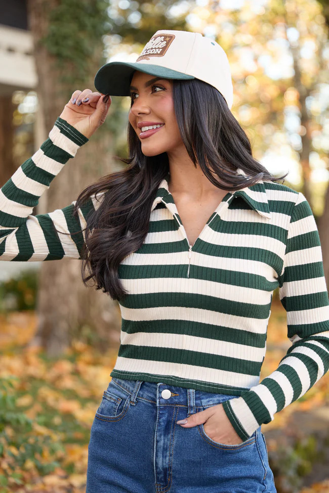 Emery Green Striped Half Zip Up Pullover | Pink Lily