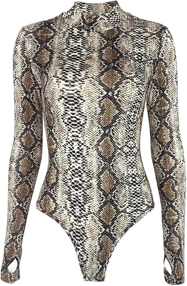 Snake Skin Print Bodysuit Long Sleeve Mock Neck Body-Hugging Fit base Shirt Bodysuit | Amazon (US)