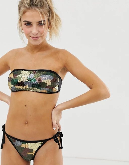 New Look sequin bandeau bikini top in camo pattern | ASOS US