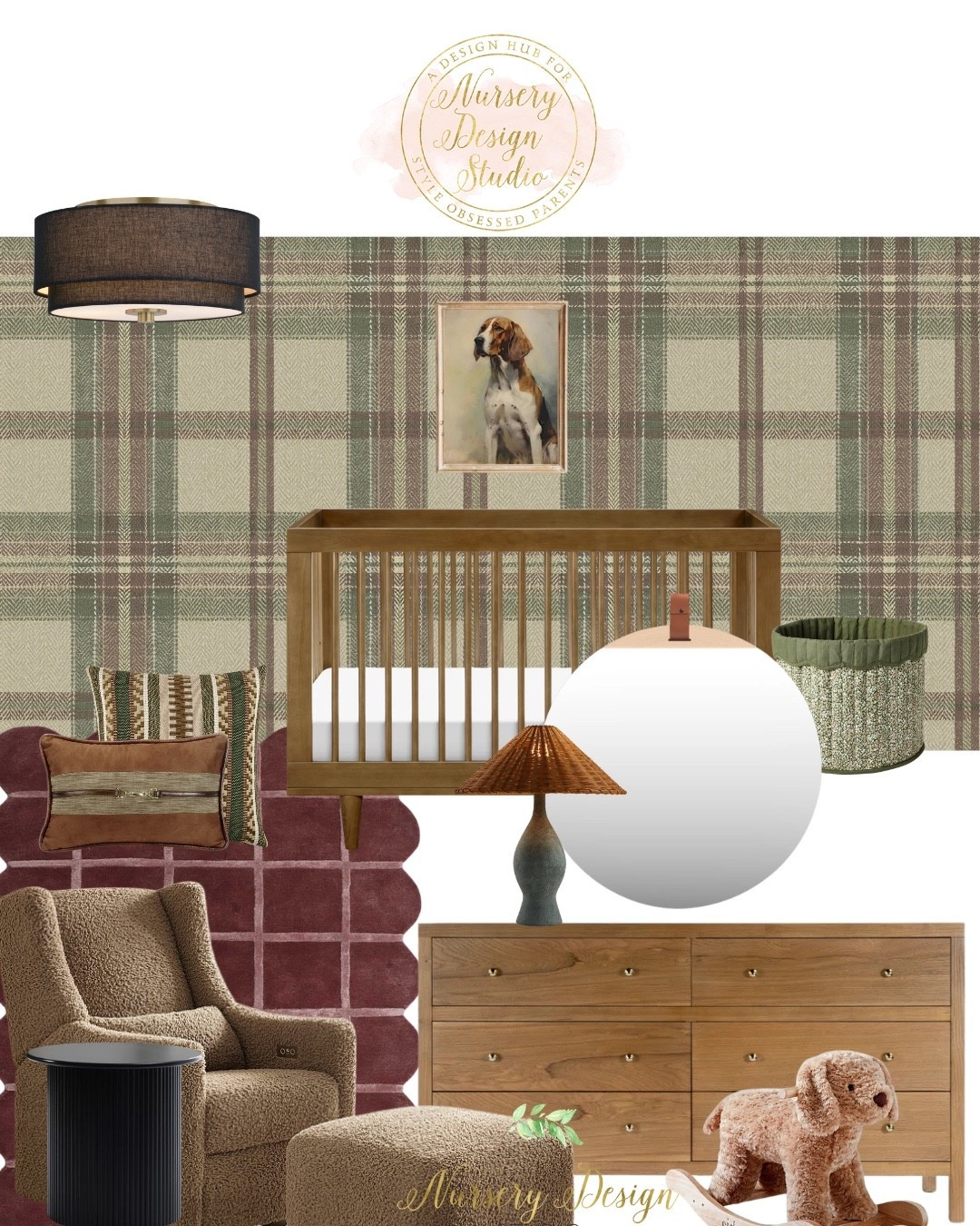 This nursery is a mix of plaid wallpaper, warm wood furniture, and cozy textures.
Shop the crib, dresser, lighting, rug, and decor—all linked here

#LTKKids #LTKBump #LTKBaby