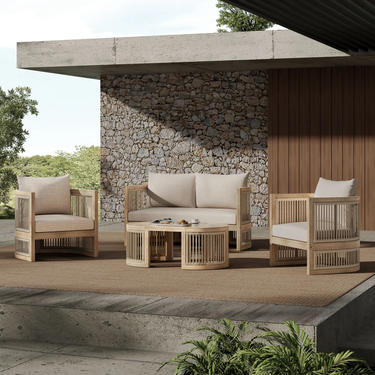 Vibe Outdoor 4-Peice Acacia Wood Woven Rope Conversation Set With Cushions | Wayfair North America