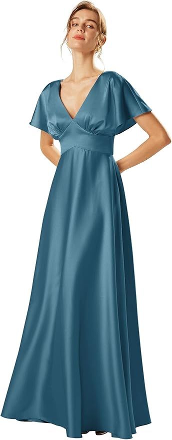 ALICEPUB Satin Charmeuse Bridesmaid Dresses V-Neck Long Formal Party Dress for Women with Sleeves | Amazon (US)