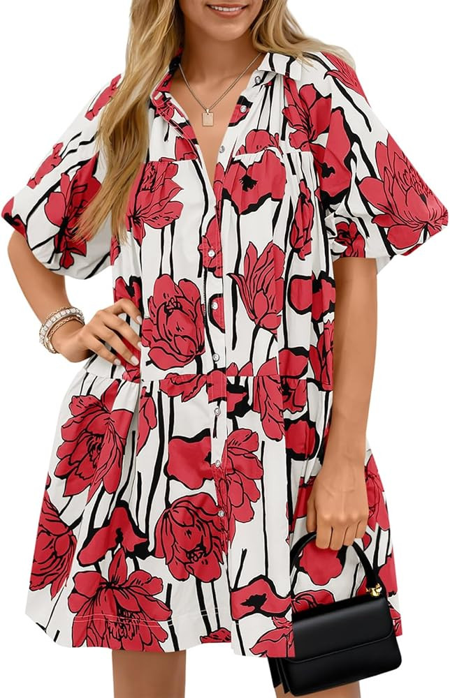 Wenrine Women's Summer Button Down Shirt Dress Floral Puff Short Sleeve Casual Loose Fit Beach Mi... | Amazon (US)