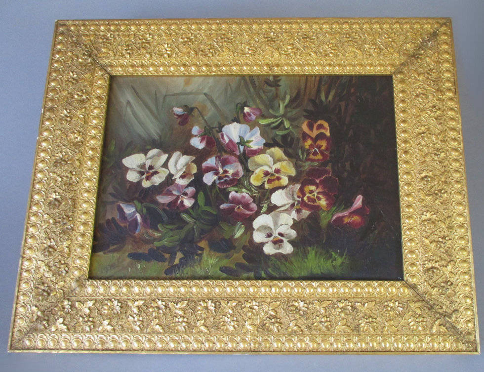 Antique c1900 Oil Painting PANSIES on Canvas 20" Ornate GILT Wood + Gesso Frame  | eBay | eBay US