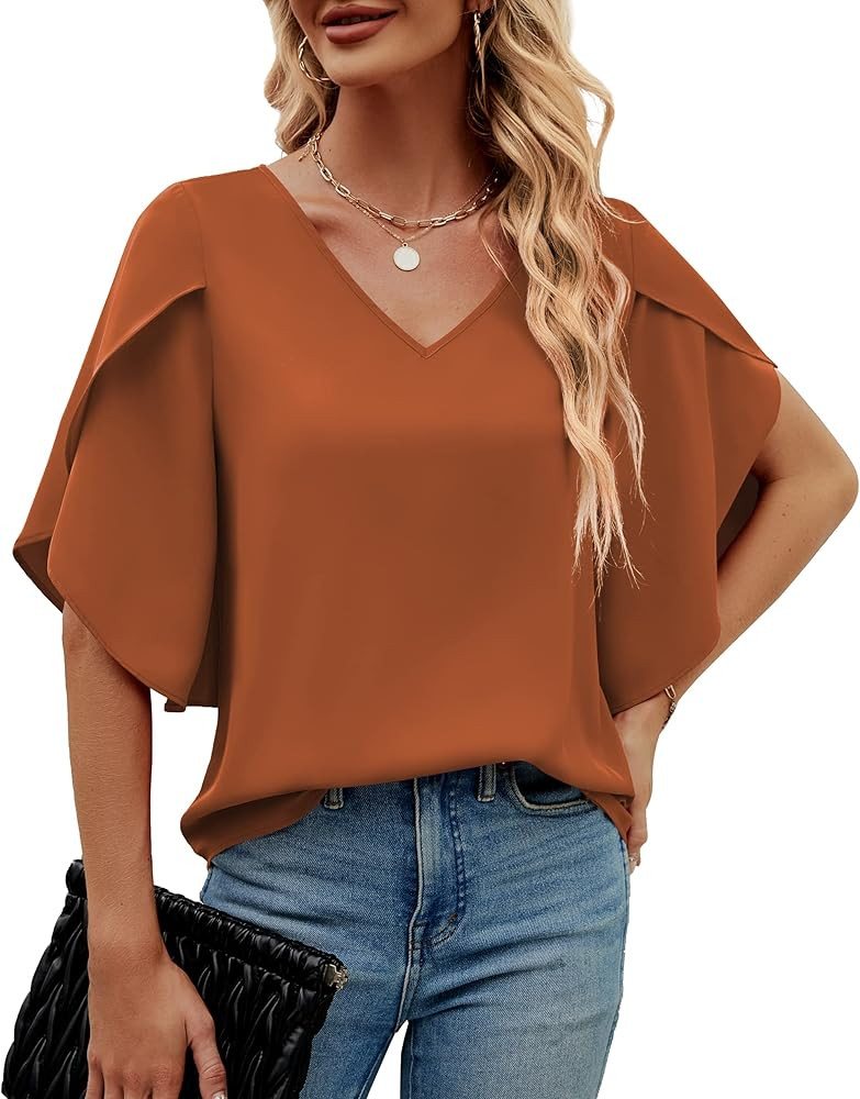 Funlingo Women's Casual 3/4 Sleeve Tops Summer Loose V Neck Dressy Chiffon Blouses Shirts | Amazon (US)
