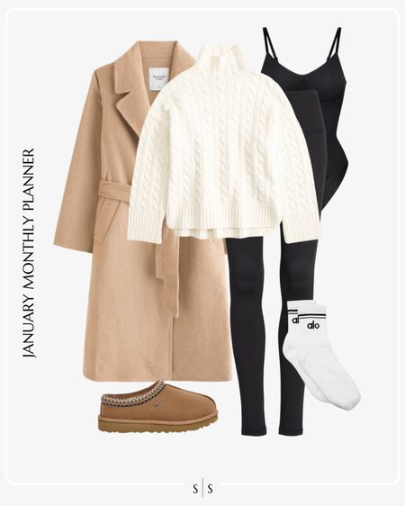 Monthly outfit planner: JANUARY: Winter looks | camel coat, turtleneck sweater, bodysuit, leggings, white socks, Ugg slipper 

Athleisure wear, activewear, casual outfit, weekend wear, loungewear 

See the entire calendar on thesarahstories.com ✨ 

#LTKfitness #LTKstyletip