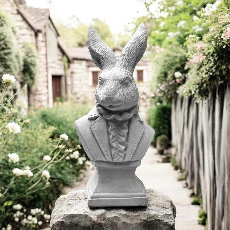 Concrete Rabbit Statue: Vintage Jacket Bunny Figurine, Garden Decor | Etsy (US)