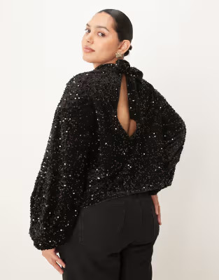 ASOS DESIGN Curve velvet sequin open back long sleeve blouse in black | ASOS (Global)