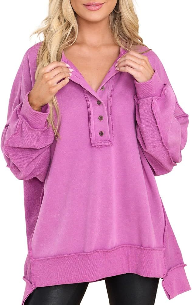AlvaQ Tunic Sweatshirt for Women Fashion 2023 Winter Ouffits Long Sleeve Button V Neck Drop Shoul... | Amazon (US)
