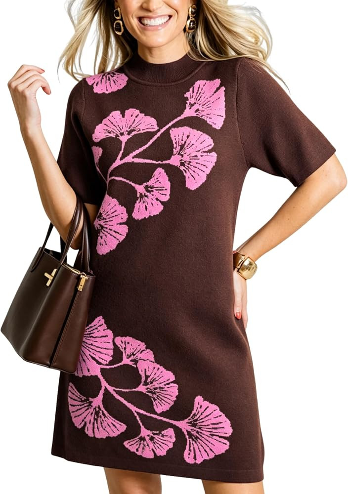 Lianlive Women Floral Knit Mini Dress Short Sleeve Sweater Dress | Amazon (US)