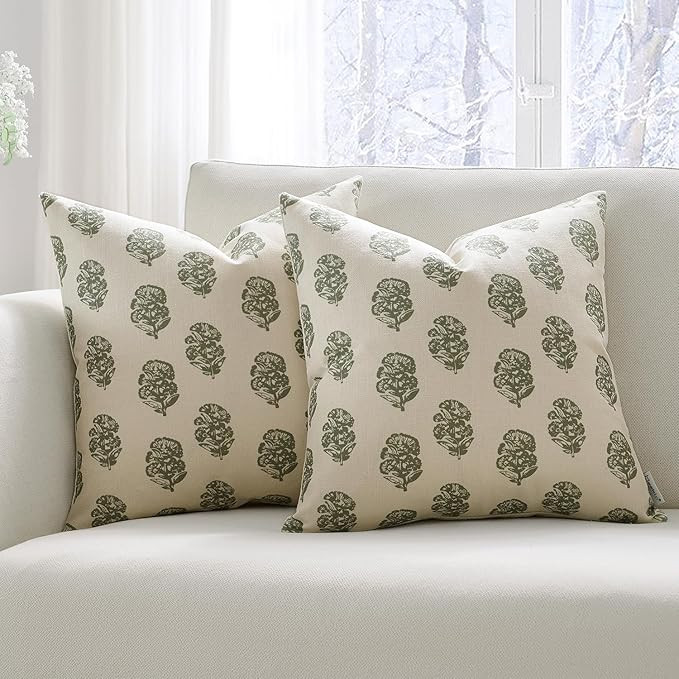 Meekio Set of 2 Sage Green Pillow Covers 18 x 18 inches Linen Throw Pillow Covers with Floral Blo... | Amazon (US)