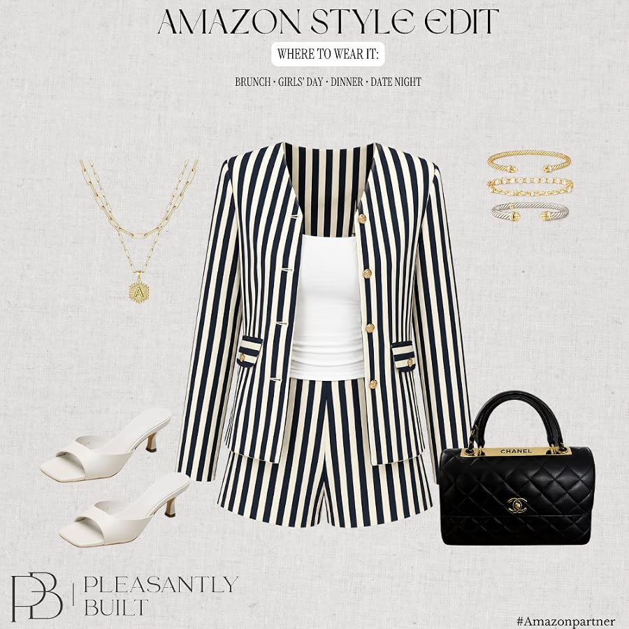 Amazon outfit find! This striped blazer + shorts set is such an easy way to look polished without overthinking it! Paired with a classic white tank, comfy slides, and a few simple accessories for an effortless, elevated summer look. Perfect for brunch, shopping, vacation days, or a casual night out. 
#AmazonFashion #AmazonFinds #AmazonFashionFinds #WomensFashion #SummerStyle #SummerOutfit #StripedSet #BlazerSet #ShortsSet #WhiteTank #SummerFashion #CasualChic #ElevatedCasual #EffortlessStyle #AmazonStyle #FashionFinds #AffordableFashion #OutfitInspiration #StyleInspo #VacationStyle #BrunchStyle #SummerWardrobe #LTKFinds #LTKFashion #ShopAmazon #pleasantlybuilt 

 #LTKootd #LTKWorkwear #LTKTravel