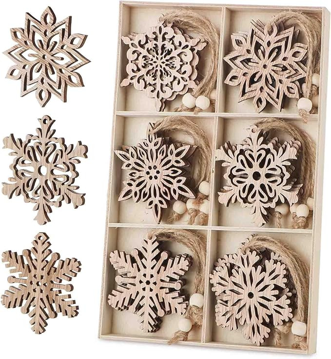 24pcs Wooden Snowflakes Ornaments, Unfinished Wood Cutouts Christmas Tree Hanging Ornaments for C... | Amazon (US)