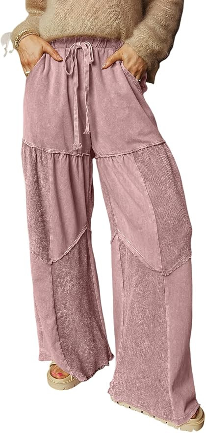 Palazzo Pants for Women Wide Leg High Waist Mineral Wash Drawstring Lounge Pant with Pockets Casu... | Amazon (US)